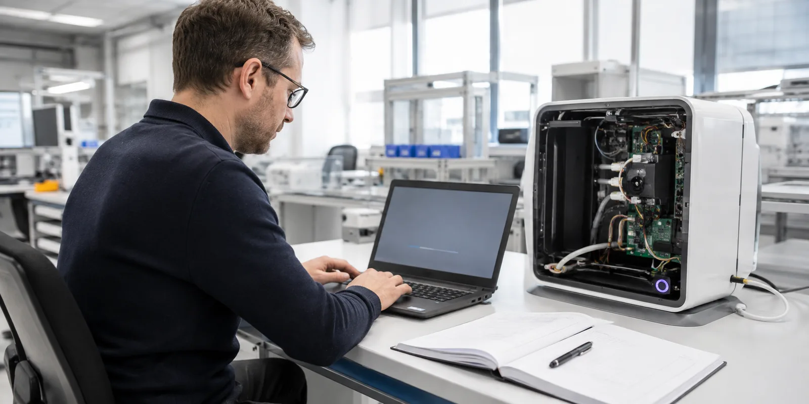 Un technicien vérifie sur un ordinateur portable le fonctionnement d'un appareil connecté posé sur un établi d'atelier, un carnet de suivi ouvert à côté.